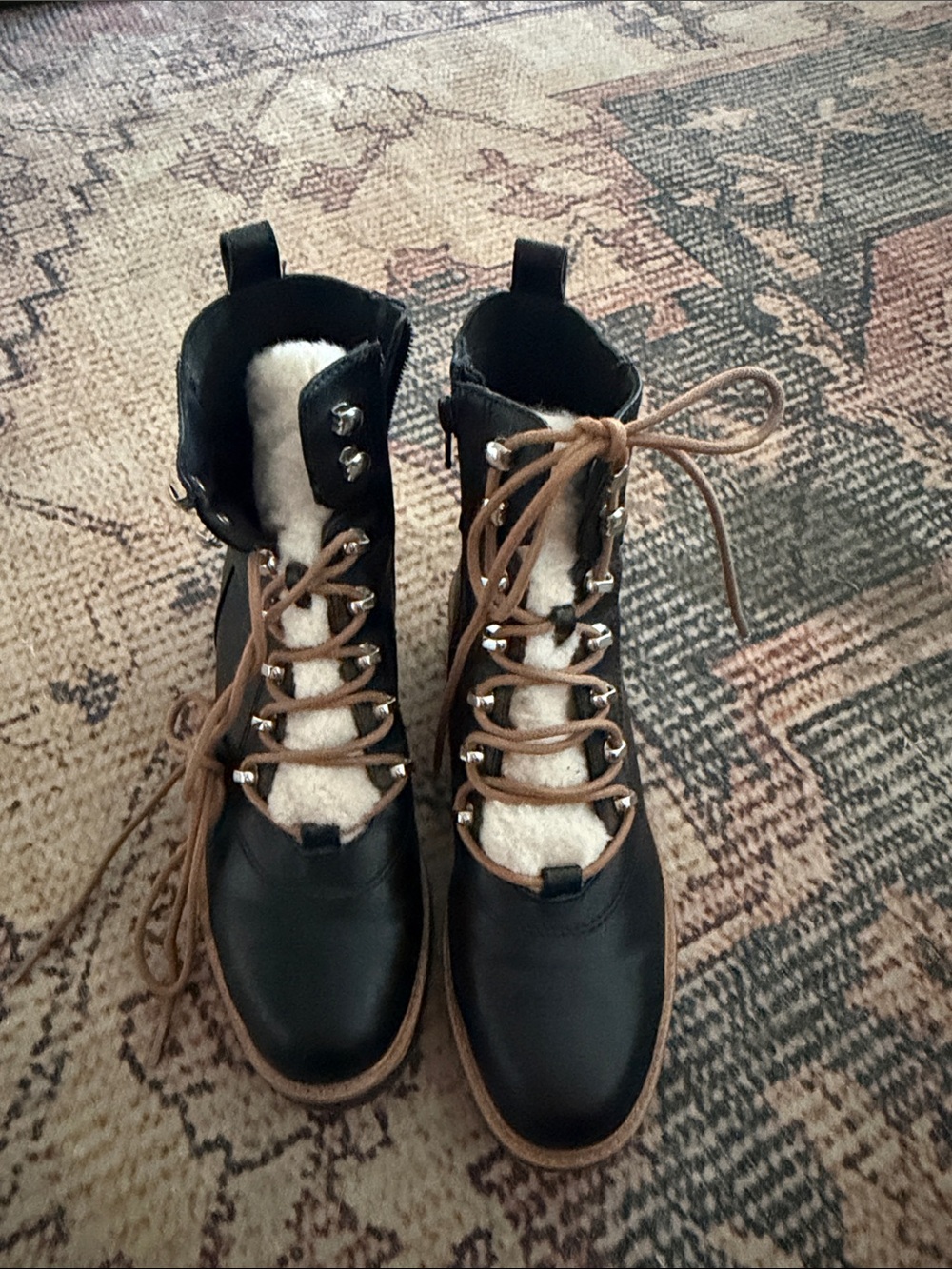 Nine West Black Lace-Up Faux-Shearling Combat Boots with Brown Laces